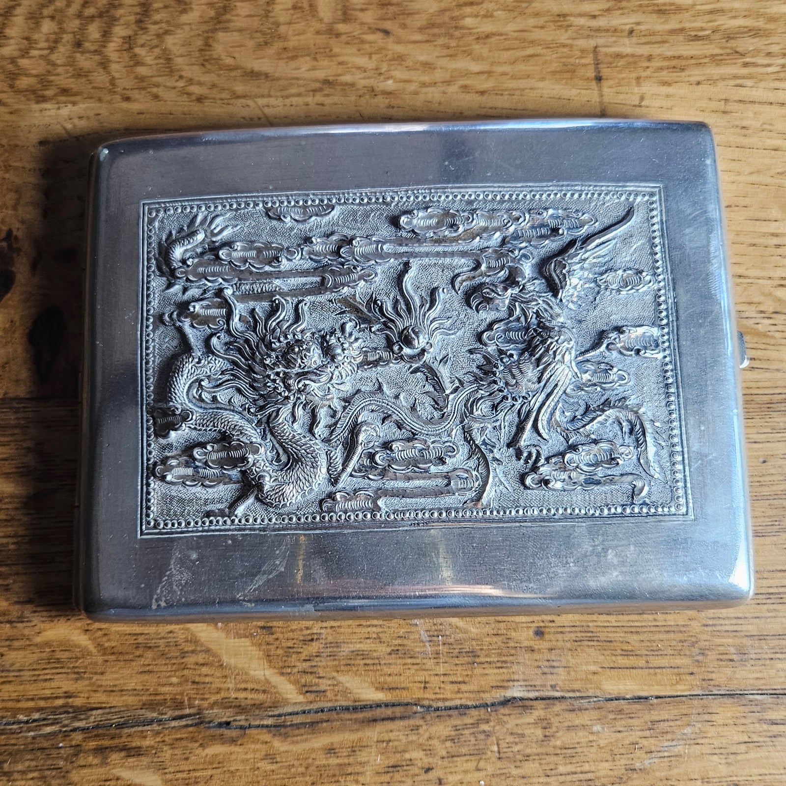 Chinese Dragon Silver Plate Cigarette Case Vintage Art Deco Period
