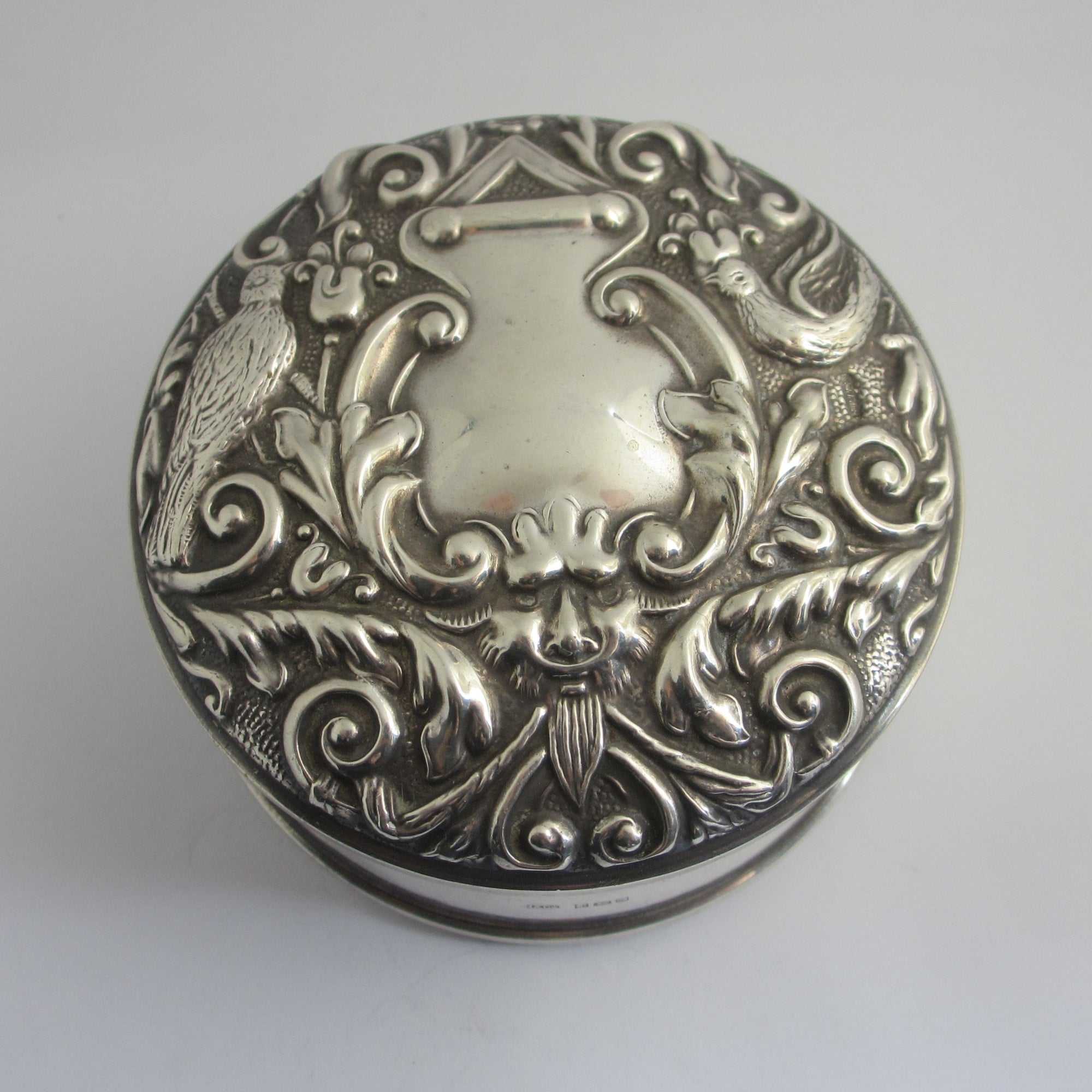 Green Man and Birds English Sterling Silver Trinket Jewellery Box Vintage