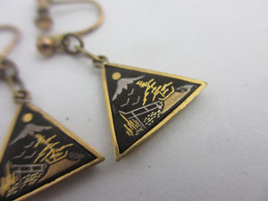 Japanese Damascene Dangling Ear Pendant Earrings Vintage c1950