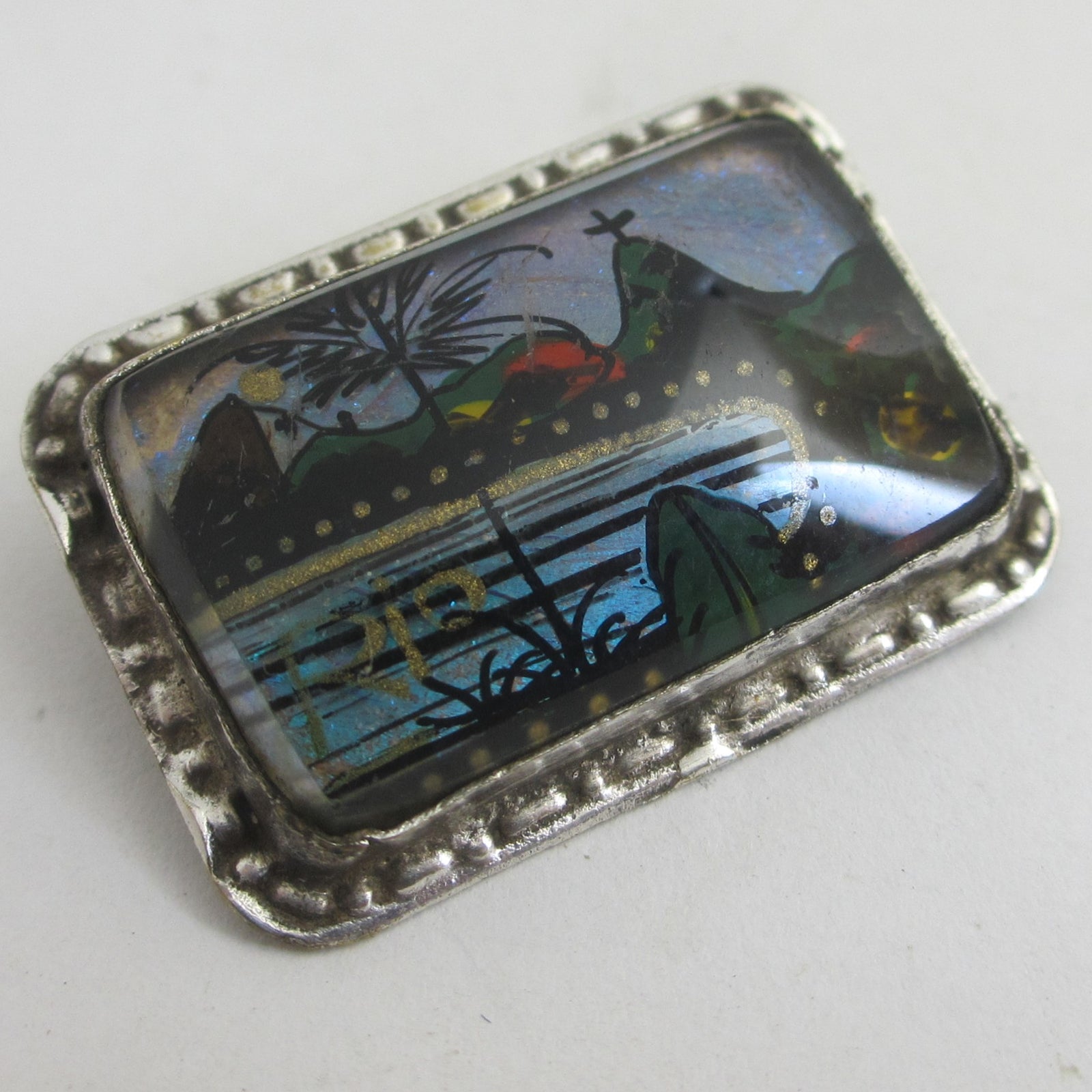 Tropical Morpho Butterfly Wing Sterling Silver Brooch Vintage Art Deco c1930