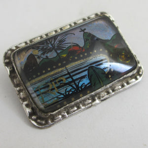 Tropical Morpho Butterfly Wing Sterling Silver Brooch Vintage Art Deco c1930