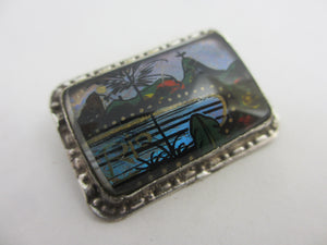 Tropical Morpho Butterfly Wing Sterling Silver Brooch Vintage Art Deco c1930