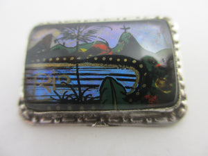 Tropical Morpho Butterfly Wing Sterling Silver Brooch Vintage Art Deco c1930