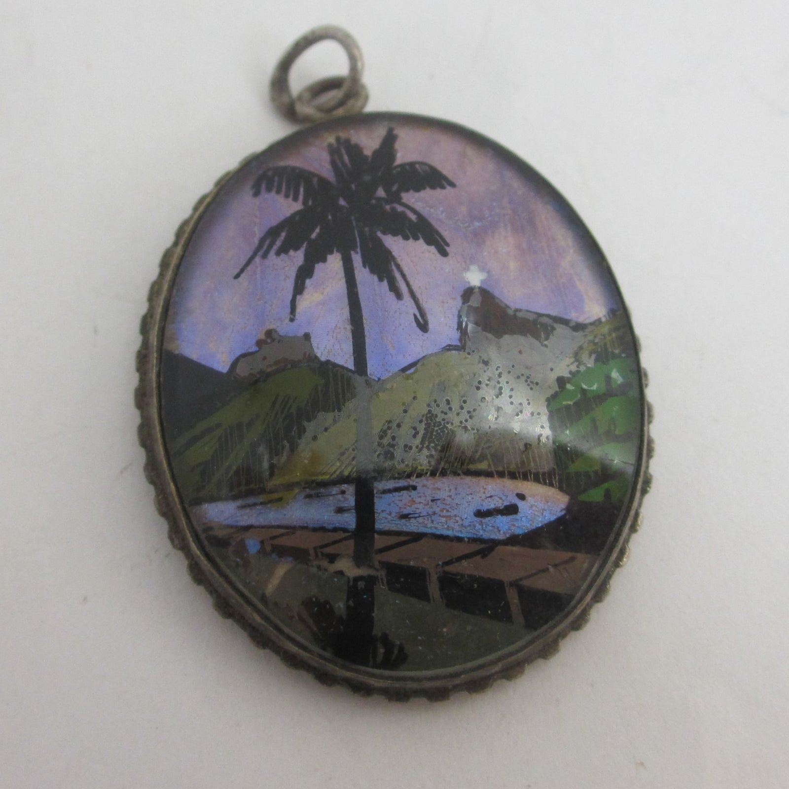 Tropical Morpho Butterfly Wing Sterling Silver Pendant Vintage Art Deco c1930