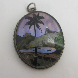 Tropical Morpho Butterfly Wing Sterling Silver Pendant Vintage Art Deco c1930