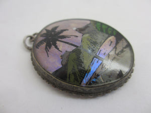 Tropical Morpho Butterfly Wing Sterling Silver Pendant Vintage Art Deco c1930