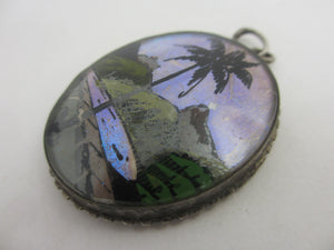 Tropical Morpho Butterfly Wing Sterling Silver Pendant Vintage Art Deco c1930
