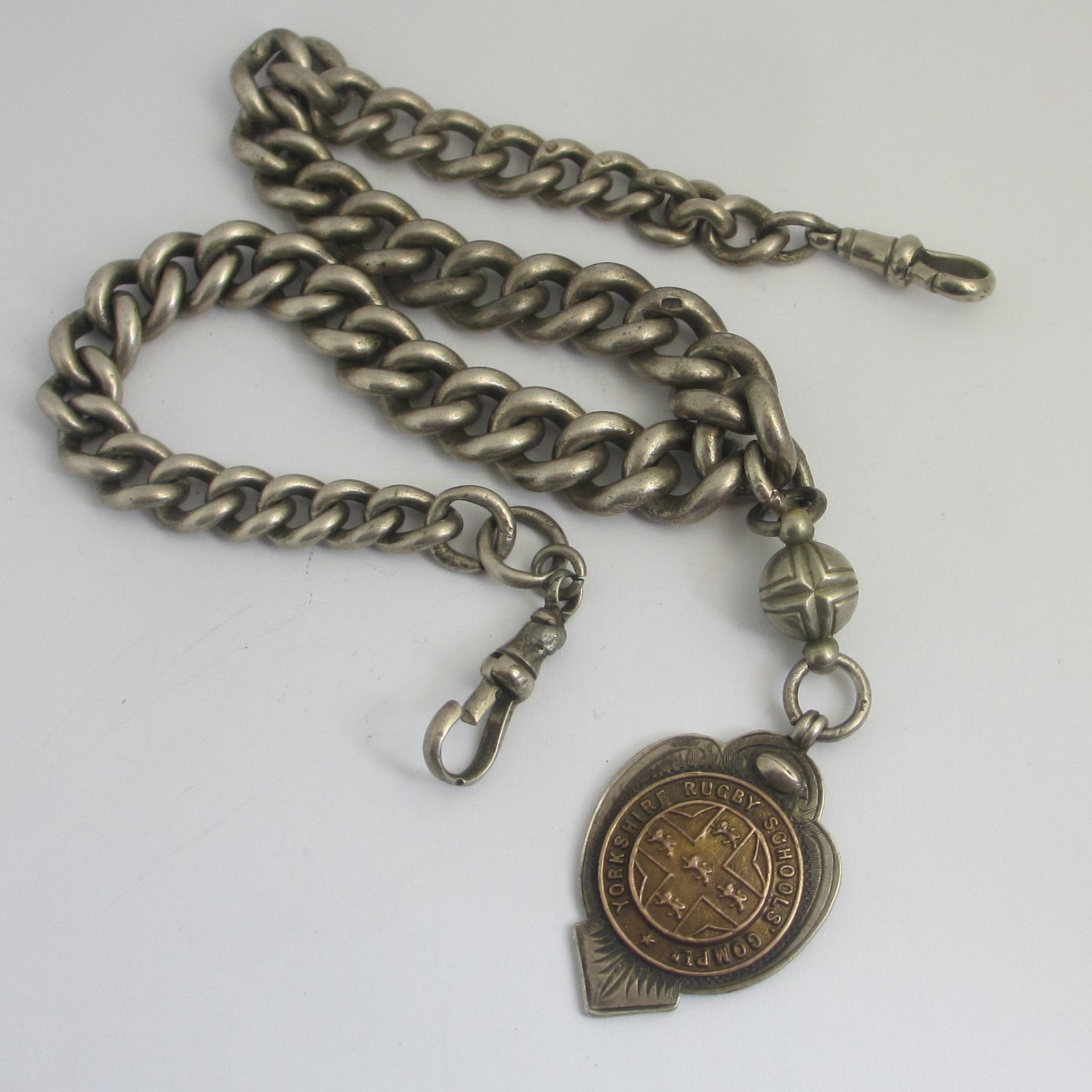 Chunky Double Albert Watch Chain with Rugby Schools Fob Vintage Art Deco