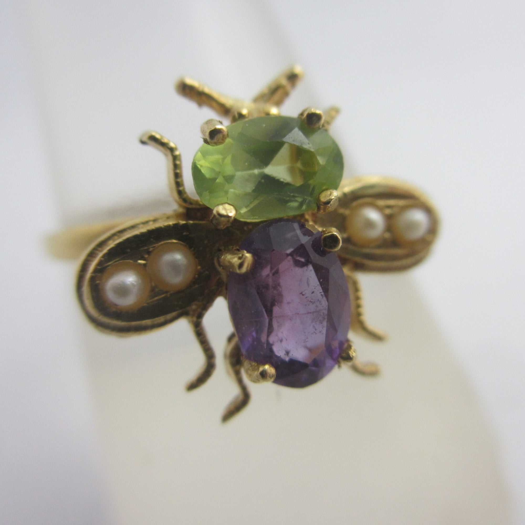 Suffragette Bee Bug Ring Peridot, Seed Pearl & Amethyst Size R Vintage