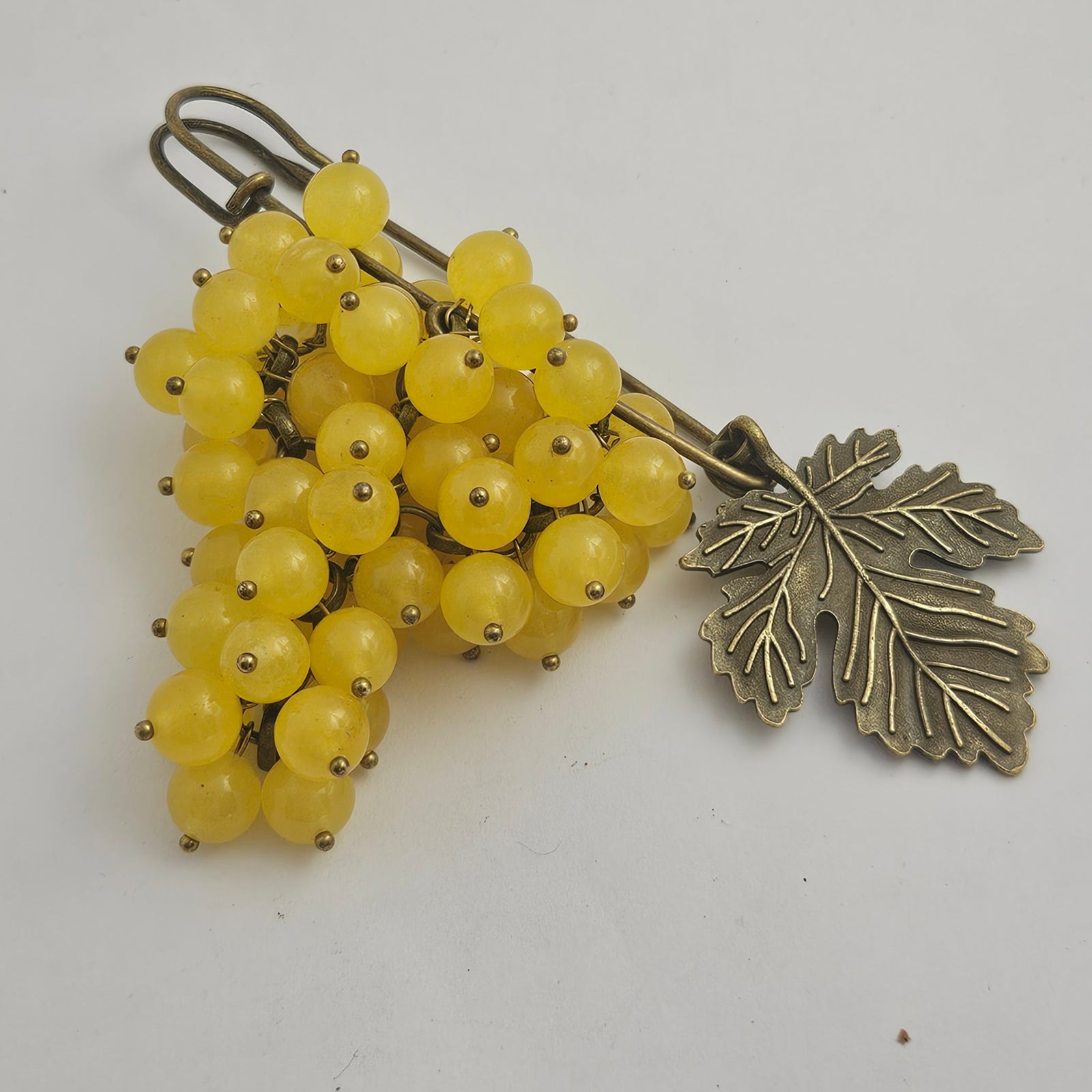Bunch of Agate Grapes on Base Metal Brooch Pin Vintage