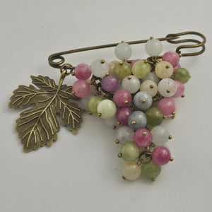 Bunch of Agate Grapes on Base Metal Brooch Pin Vintage