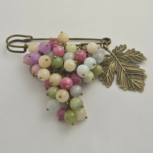 Bunch of Agate Grapes on Base Metal Brooch Pin Vintage
