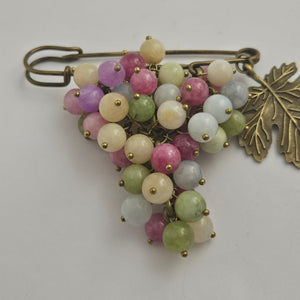Bunch of Agate Grapes on Base Metal Brooch Pin Vintage
