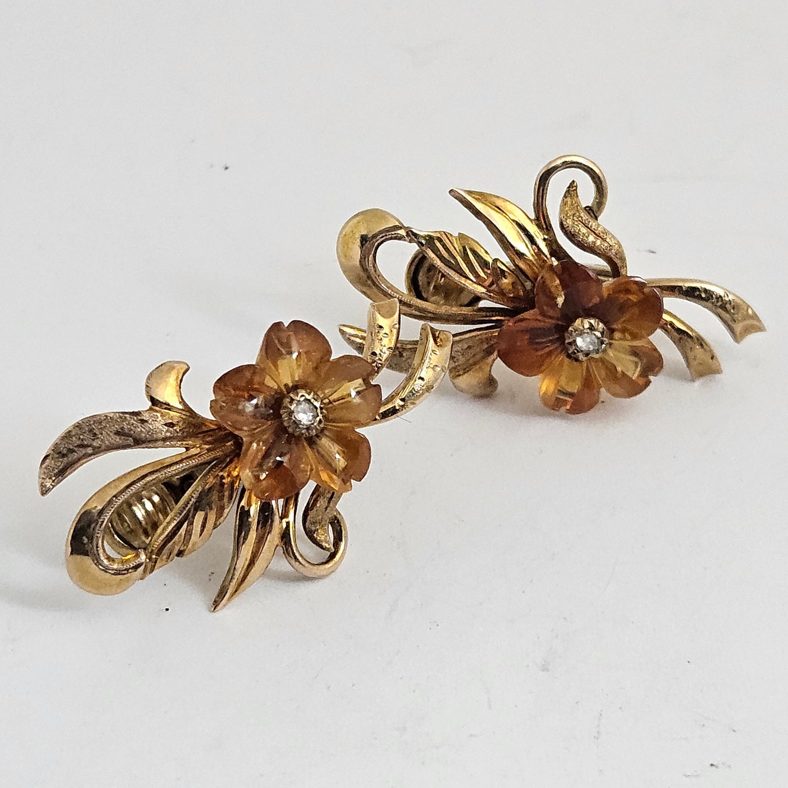 Amber and Diamond Flower 9k Gold Earrings Vintage c1940