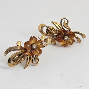 Amber and Diamond Flower 9k Gold Earrings Vintage c1940
