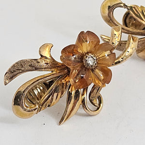 Amber and Diamond Flower 9k Gold Earrings Vintage c1940