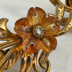 Amber and Diamond Flower 9k Gold Earrings Vintage c1940