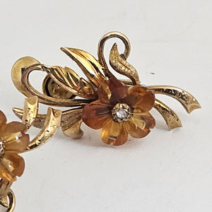 Amber and Diamond Flower 9k Gold Earrings Vintage c1940