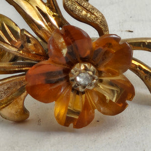Amber and Diamond Flower 9k Gold Earrings Vintage c1940