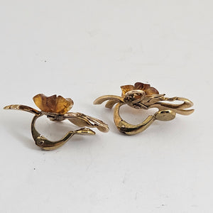 Amber and Diamond Flower 9k Gold Earrings Vintage c1940