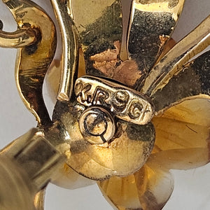 Amber and Diamond Flower 9k Gold Earrings Vintage c1940