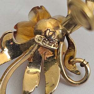 Amber and Diamond Flower 9k Gold Earrings Vintage c1940