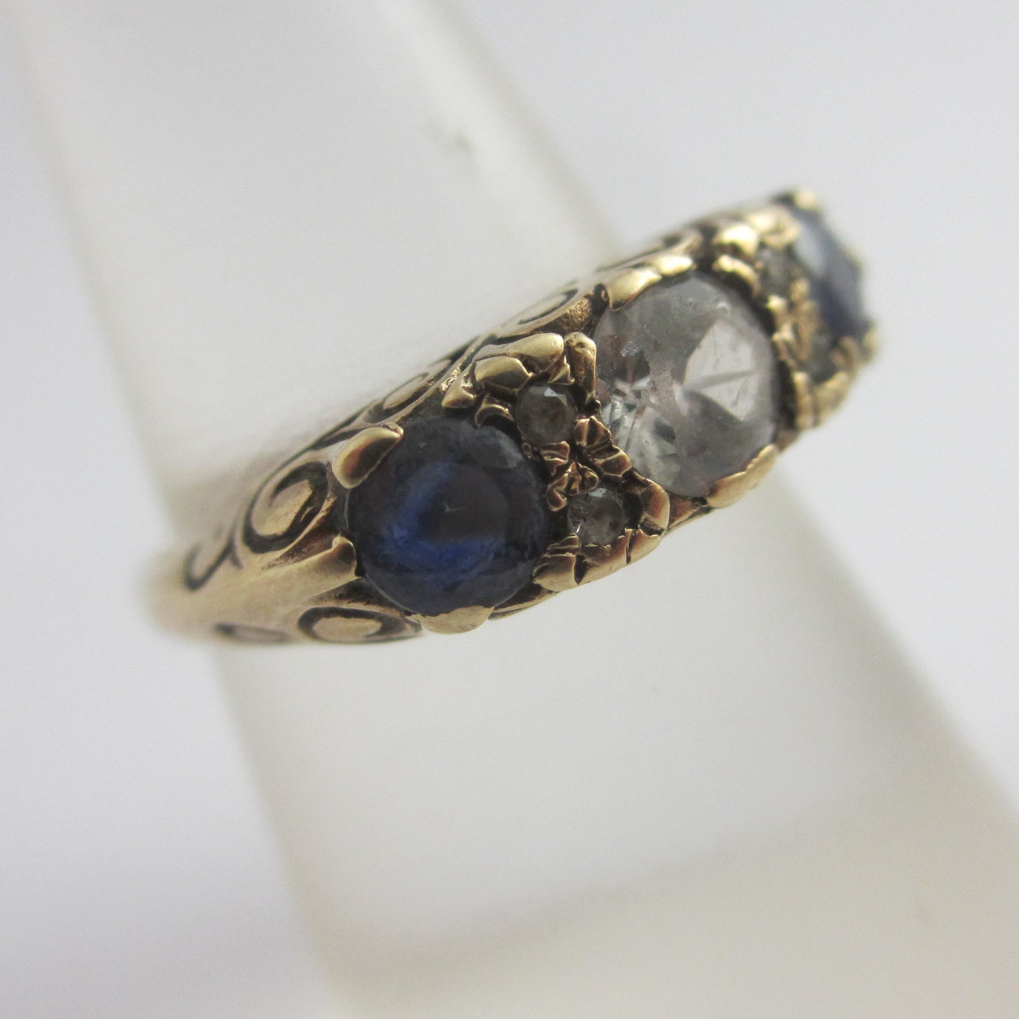 Blue and White Sapphire 9k Gold Ring English Hallmark Vintage Size M