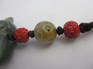 Carved Jade Elephant Cinnabar Lacquer Bead Pendant Charm Fob Vintage Art Deco