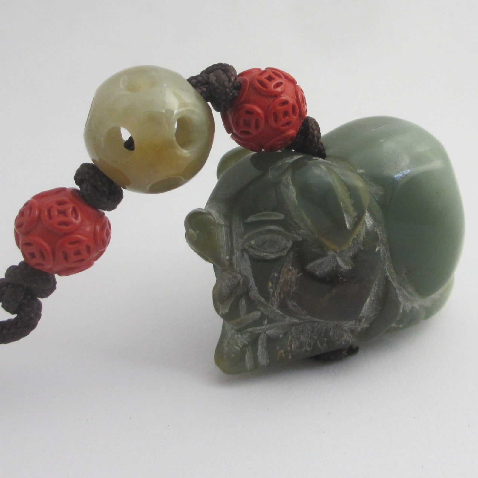 Carved Jade Elephant Cinnabar Lacquer Bead Pendant Charm Fob Vintage Art Deco