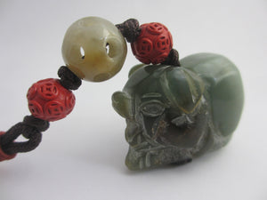 Carved Jade Elephant Cinnabar Lacquer Bead Pendant Charm Fob Vintage Art Deco