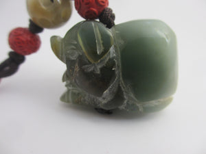 Carved Jade Elephant Cinnabar Lacquer Bead Pendant Charm Fob Vintage Art Deco