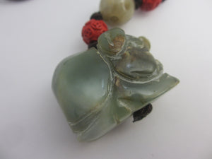 Carved Jade Elephant Cinnabar Lacquer Bead Pendant Charm Fob Vintage Art Deco