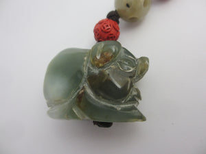Carved Jade Elephant Cinnabar Lacquer Bead Pendant Charm Fob Vintage Art Deco