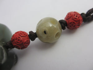 Carved Jade Elephant Cinnabar Lacquer Bead Pendant Charm Fob Vintage Art Deco