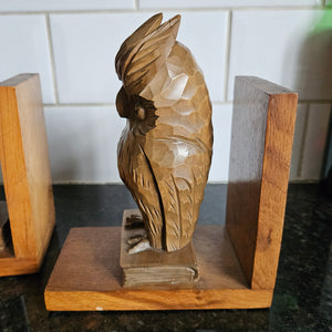 Pair of Carved Oak Owl Bord Book Shelf Ends Vintage