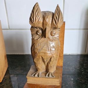 Pair of Carved Oak Owl Bord Book Shelf Ends Vintage