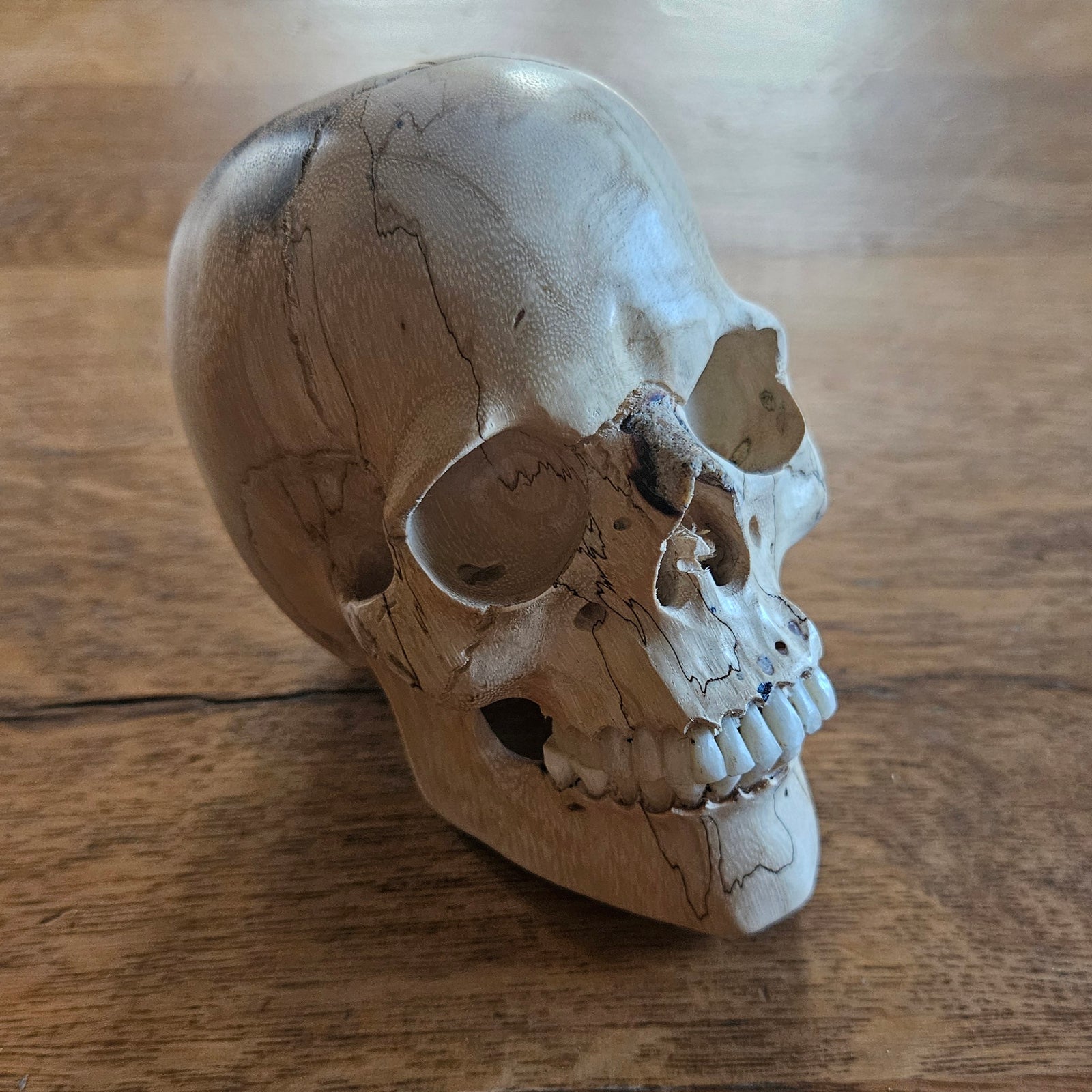 Contemporary Carved Wood and Antler Skull Moving Jaw Vintage