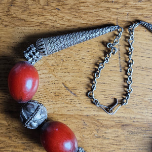 Cherry Amber Bakelite and Sterling Silver Bead Necklace Vintage Art Deco c1920