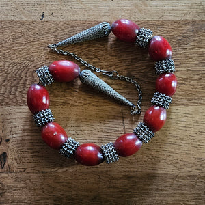 Cherry Amber Bakelite and Sterling Silver Bead Necklace Vintage Art Deco c1920