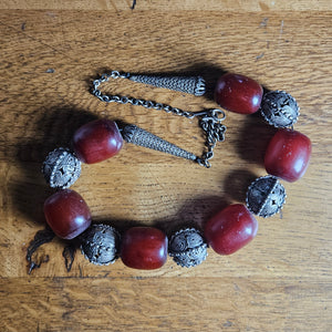 Cherry Amber Bakelite and Sterling Silver Bead Necklace Vintage Art Deco c1920