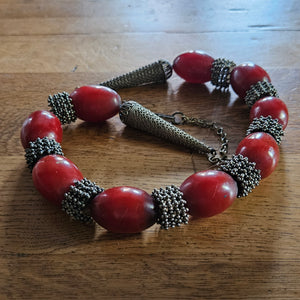 Cherry Amber Bakelite and Sterling Silver Bead Necklace Vintage Art Deco c1920