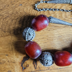 Cherry Amber Bakelite and Sterling Silver Bead Necklace Vintage Art Deco c1920