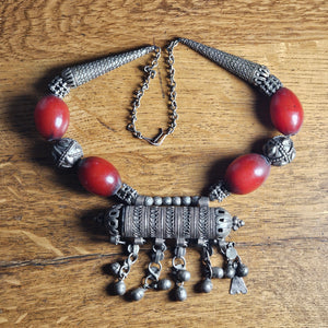 Cherry Amber Bakelite and Sterling Silver Bead Necklace Vintage Art Deco c1920