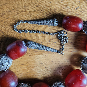 Cherry Amber Bakelite and Sterling Silver Bead Necklace Vintage Art Deco c1920