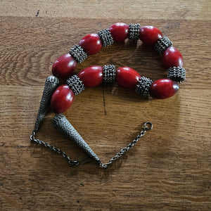 Cherry Amber Bakelite and Sterling Silver Bead Necklace Vintage Art Deco c1920