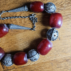 Cherry Amber Bakelite and Sterling Silver Bead Necklace Vintage Art Deco c1920