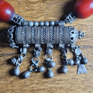 Cherry Amber Bakelite and Sterling Silver Bead Necklace Vintage Art Deco c1920