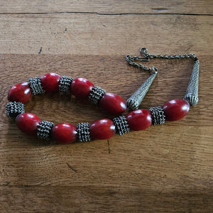 Cherry Amber Bakelite and Sterling Silver Bead Necklace Vintage Art Deco c1920