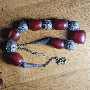 Cherry Amber Bakelite and Sterling Silver Bead Necklace Vintage Art Deco c1920