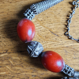 Cherry Amber Bakelite and Sterling Silver Bead Necklace Vintage Art Deco c1920